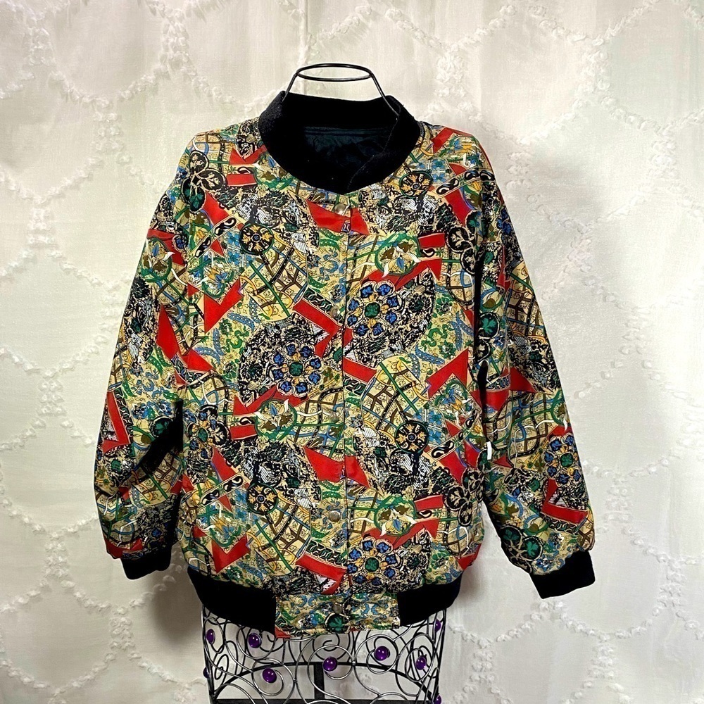 Vintage designer inspired printed reversible bomber jacket